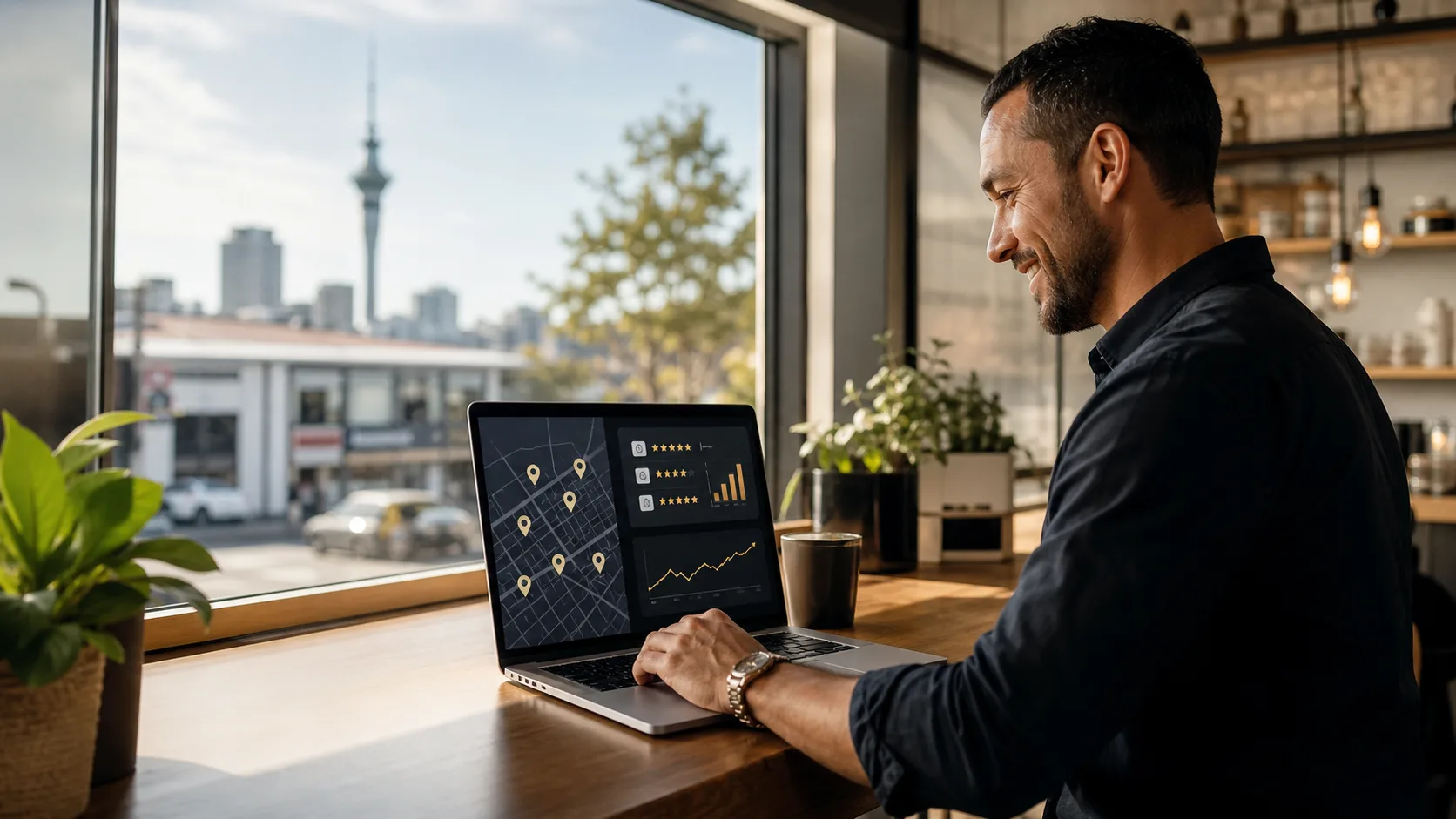 Auckland small business owner reviewing local SEO map rankings on a laptop