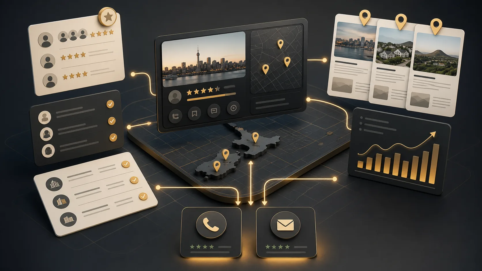 Local SEO workflow showing map pack, reviews, citations, suburb pages, and enquiry tracking